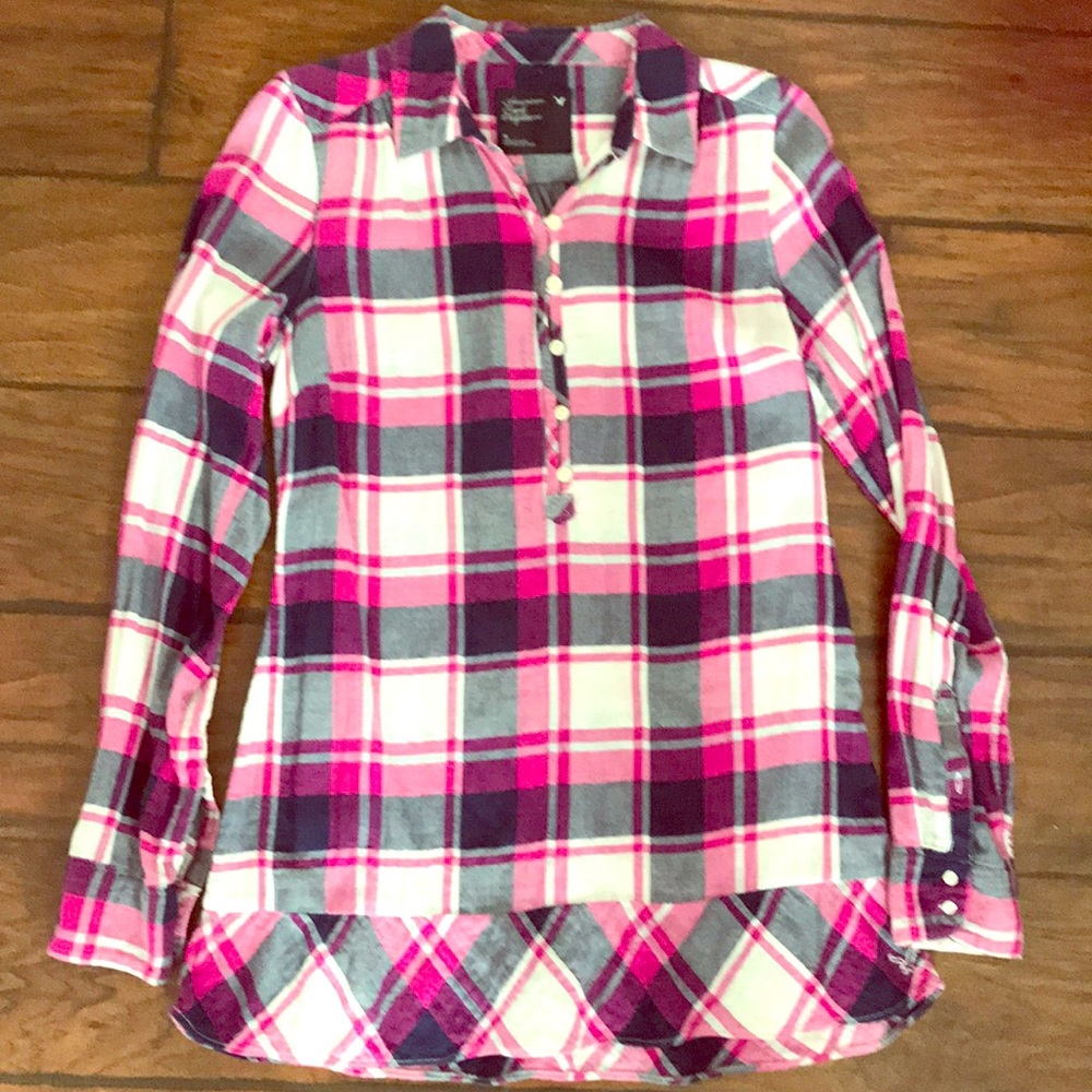 Navy and pink plaid top